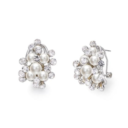 EVER FAITH Austrian Crystal White Simulated Pearl Bridal Cluster Pierced Stud Earrings - color: Clear Silver-Tone