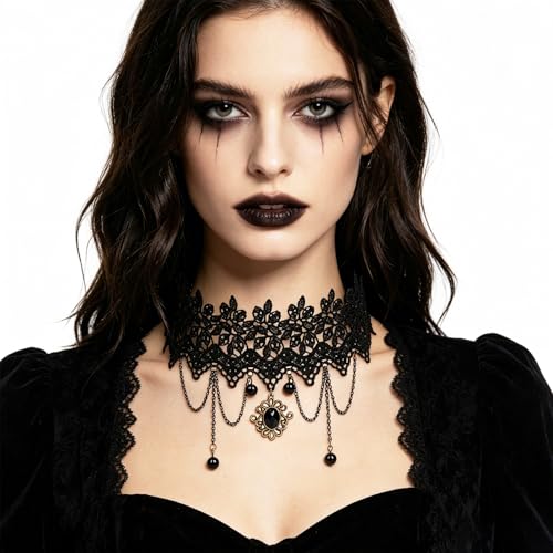 coadipress Gothic Lace Choker Necklace for Women Crystal Royal Court Vampire Choker Gothic Necklace Retro Handmade Halloween Gifts
