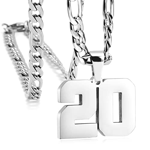 Personalized Number Necklaces for Mens,Stainless Steel Number Pendant Chain | Athletes Jersey Number Necklace;Baseball Basketball Football Sport Teams;Birthday Graduate Gift;Womens Mens Player - color: Silver, style: 20 Silver