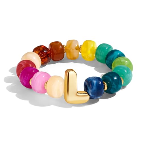Bubble Initial Chunky Beaded Bracelet for Women Colorful Resin Bead Trendy Statement Big Stretch Bracelets Summer Beach Boho Charm Jewelry Cute Gifts for Women - color: Initial L