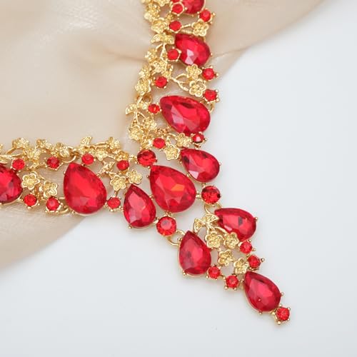 CSY Elegant Crystal Costume Jewelry Sets Flower Bridal Necklace Earrings Stretch Bangle Set for Bride Bridesmaid Wedding Dress Accessories - color: Red crystal-gold tone