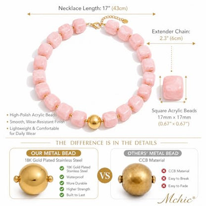 Mchic Colorful Beaded Choker Necklace for Women: Boho Large Square Acrylic Beaded Necklace Stainless Steel Adjustable Surfer Beach Strand Necklaces Summer Handmade Jewelry Gift for Women - color: Pink