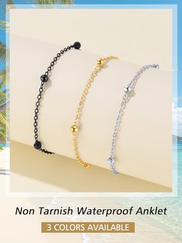 FindChic Stainless Steel Ankle Bracelets for Women, Waterproof Figaro/Cuban/Box/Beaded Chain Anklets, Summer Beach Foot Jewelry, 8.5''-10.5'' Adjustable Length, with Gift Box - style: Ideal Beaded Chain-Silver