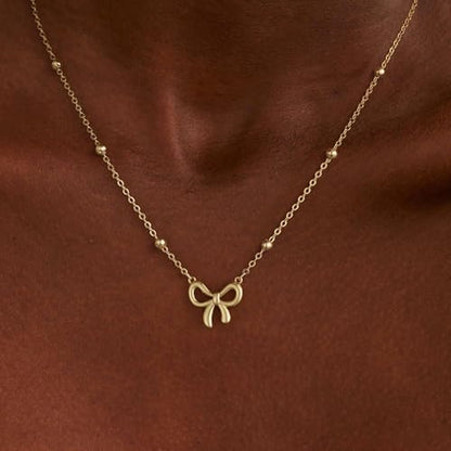 Thaivor Necklace for Women Dainty Bow Necklace 14K Gold Plated Cute Choker Small Pendant Charm Necklaces Teen Gift Trendy Stuff Personalized Jewelry Gifts - color: Gold-Bead-2