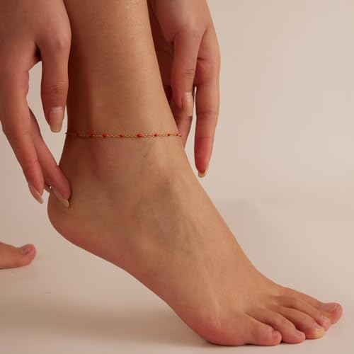18K Gold Plated Boho Beaded Anklets for Women Dainty Gold Layered Round Ball Ankle Bracelet Pearl Cross Anklet Bracelet Waterproof Gold Jewelry - color: Red Beads-Gold