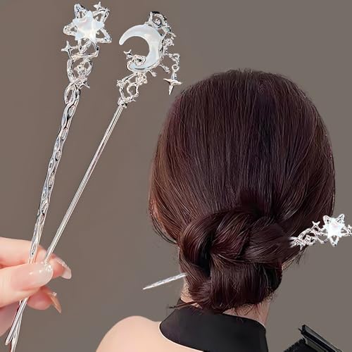 2pcs Star Moon Hair Sticks for Buns Long Hair Metal Silver Hair Stick Pin Hair Chopsticks for Women Chinese Hairpin Hair Pin Vintage Hair Pins Hair Chopstick Hairstick Hair Accessories for Gifts