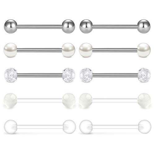 Mayhoop 14G 36Pcs Stainless Steel Nipple Rings Tongue Rings Straight Barbell Bars Piercing 14mm 16mm 18mm in Length for Women Men - color: White tone - 16mm (5/8")