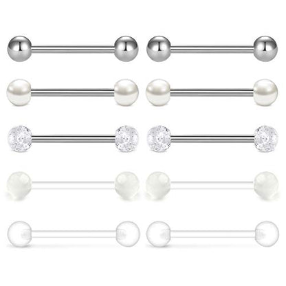 Mayhoop 14G 36Pcs Stainless Steel Nipple Rings Tongue Rings Straight Barbell Bars Piercing 14mm 16mm 18mm in Length for Women Men - color: White tone - 16mm (5/8")