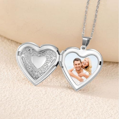 PHOCKSIN Personalized Locket Necklace for Women Photo Necklace with Customized Picture Birth Flower Birthstone Customizable Birthday Gifts - color: #07-Heart Silver Flower