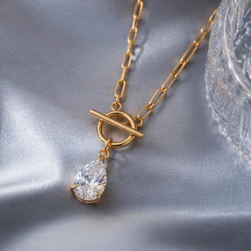 Teardrop CZ Pendant Paperclip Chain Necklace 18K Plated Paperclip Toggle Necklace Jewelry Birthstone Gift for Women - color: CZ-April