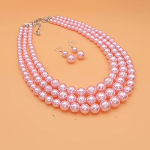 Chunky Layered Imitation Pearl Necklace for Women 3 strand Pearl Necklaces Faux Pearl Necklace Earrings Set 1920s Flapper Gatsby Costume Accessories - color: 3 strand pearl necklace Pink