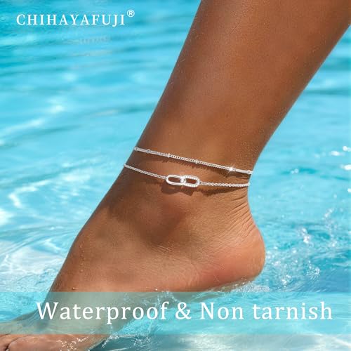 Sterling Silver Ankle Bracelets for Women 14k Gold Plated Waterproof Layered Stackable Bead Chain Infinity Charm Non Tarnish Large Adjustable Summer Party Beach Jewelry Gift - color: silverC