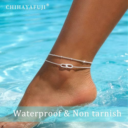 Sterling Silver Ankle Bracelets for Women 14k Gold Plated Waterproof Layered Stackable Bead Chain Infinity Charm Non Tarnish Large Adjustable Summer Party Beach Jewelry Gift - color: silverC