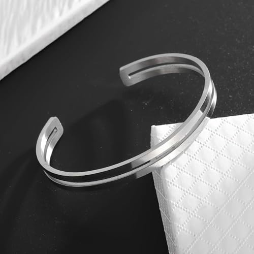 Simple polished titanium steel open bracelet, stainless steel C-shaped bracelet, adjustable double line bracelet, suitable for daily wear or gift giving, suitable for both men and women - color: silver