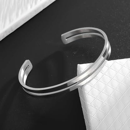 Simple polished titanium steel open bracelet, stainless steel C-shaped bracelet, adjustable double line bracelet, suitable for daily wear or gift giving, suitable for both men and women - color: silver