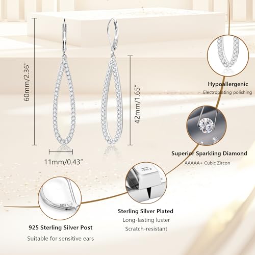 Teardrop Dangle Earrings for Women Cubic Zirconia Drop Leverback Earrings | Hypoallergenic Simulated Sparkly Teardrop Diamond Earrings Prom/Wedding/Evening Earring for Women Elegant Jewelry Gift - color: Silver