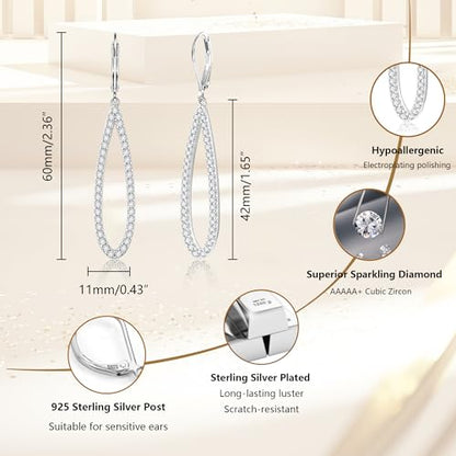 Teardrop Dangle Earrings for Women Cubic Zirconia Drop Leverback Earrings | Hypoallergenic Simulated Sparkly Teardrop Diamond Earrings Prom/Wedding/Evening Earring for Women Elegant Jewelry Gift - color: Silver