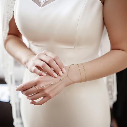 Emibele Gold Bracelets for Women, 18K Gold Plated Hand Chain, Cubic Zirconia Stainless Steel Non Tarnish Hand Chain Bracelet with Finger Ring, Adjustable Trendy Jewelry Valentines Day Gifts for Women - style: Gold Z