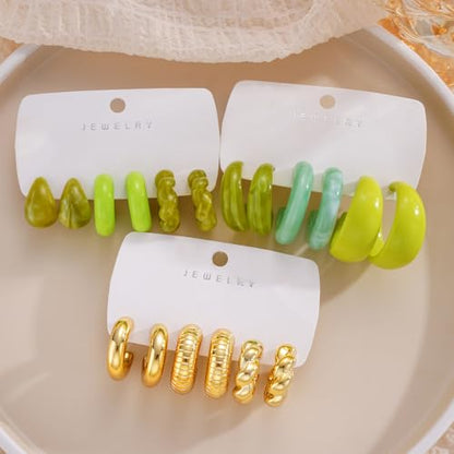 Chunky Gold Hoop Earrings for Women 9 Pairs, Fashion Resin Jewelry Gifts | Thick, Open, Twisted, Huggie, lightweight, 14K Gold-plated, Hypoallergenic, Great for Party/Gathering/Wedding/Work/Daily - color: Green