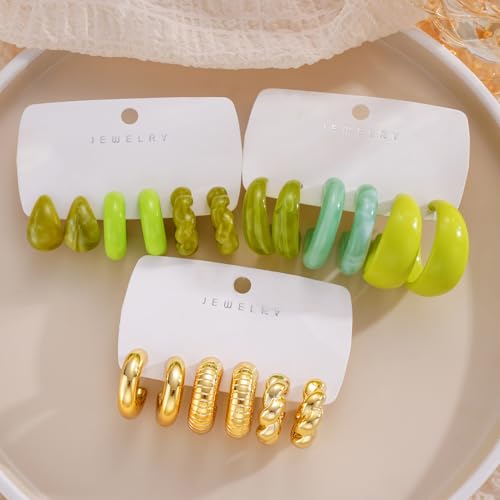 Chunky Gold Hoop Earrings for Women 9 Pairs, Fashion Resin Jewelry Gifts | Thick, Open, Twisted, Huggie, lightweight, 14K Gold-plated, Hypoallergenic, Great for Party/Gathering/Wedding/Work/Daily - color: Green