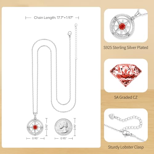 Peeshow Compass Birthstone Necklace for Women Wife, S925 Sterling Silver Gift for Wife Wedding Anniversary Birthday Gifts for Women Jewelry for Her Girlfriend I'd be Lost without You - style: 07-July-Ruby