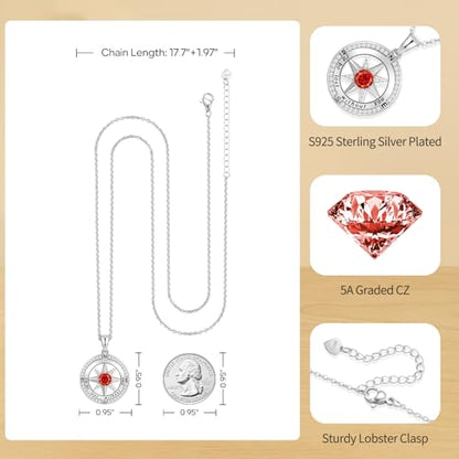 Peeshow Compass Birthstone Necklace for Women Wife, S925 Sterling Silver Gift for Wife Wedding Anniversary Birthday Gifts for Women Jewelry for Her Girlfriend I'd be Lost without You - style: 07-July-Ruby