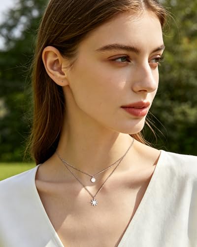 Silver Layered Necklaces For Women Double Chain Necklace With Pearl And Moonstone Sun Pendant 2Pcs Dainty Stackable Necklaces Cubic Zirconia Layered Necklace For Women Daily Wear
