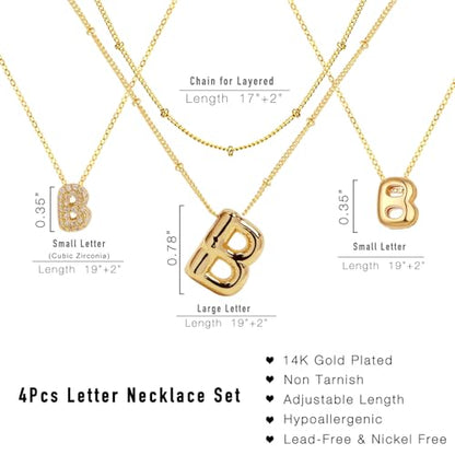 stino 4PCs Bubble Initial Letter Necklace Set, No Tarnish 14K Gold Plated Alphabet Pendant, Jewelry for Women - style: B