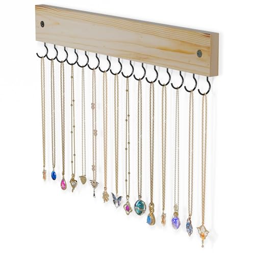 Lolalet Wooden Necklace Holder for Wall with 15 Hooks -Nature | Wall Mount Jewelry Hangers for Necklaces, Chains, Bracelets and Earrings, Tangle-free, Easy to Install - color: Nature