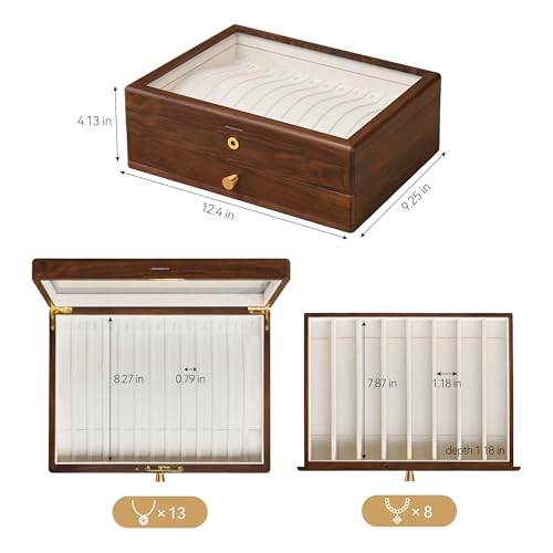 Black Walnut Lockable Necklace Box, Wooden Jewelry Organizer Case for Women | 2 Layer, Drawer, Solid Wood, Lock Key, Necklace Holder, Jewelry Display, Glass Lid, Handcraft, Velvet Line, Gift for Girl Mom - color: 2 Layer Full Lock Necklace Box