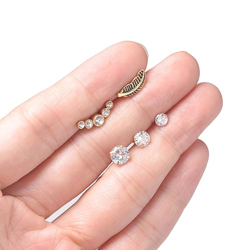 Tornito 9-30Pcs Cartilage CZ Stud Earrings Conch Forward Helix Tragus Daith Piercing Lip Rings Snake Heart Butterfly Jewelry for Women Men 16G Silver Gold Tone - color: C2:19PCS, Gold Tone