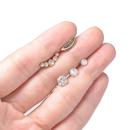 Tornito 9-30Pcs Cartilage CZ Stud Earrings Conch Forward Helix Tragus Daith Piercing Lip Rings Snake Heart Butterfly Jewelry for Women Men 16G Silver Gold Tone - color: C2:19PCS, Gold Tone