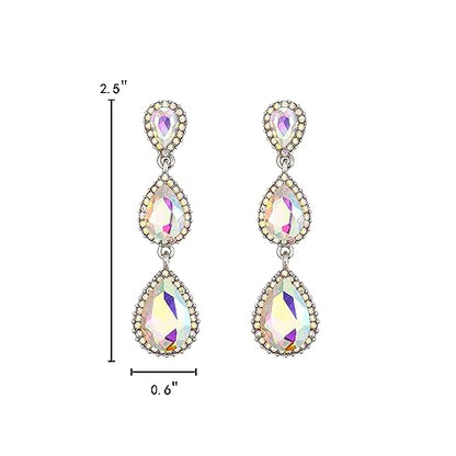 EleQueen Women's Crystal Teardrop Pear Shape 2.5 Inch Long Earrings | Dangle Earrings for Women, TearDrop Crystals Earrings for Bride Bridesmaid, Prom Jewelry for Wedding - color: Iridescent AB Silver-tone