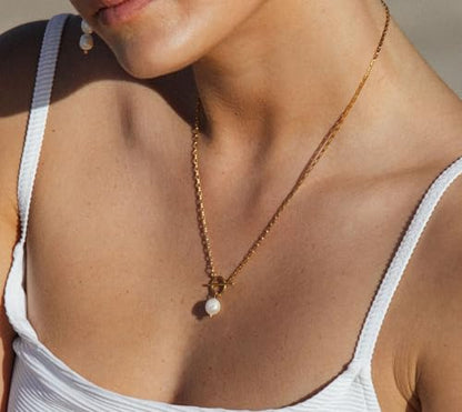 Gold Silver Pendant Necklace for Women, Dainty CZ Jewelry Gift | 14K Gold Silver Plated, Cubic Zirconia Pearl Charm, Trendy Layered Necklace, Adjustable Chain, Waterproof, Hypoallergenic - color: Gold-Freshwater Pearl