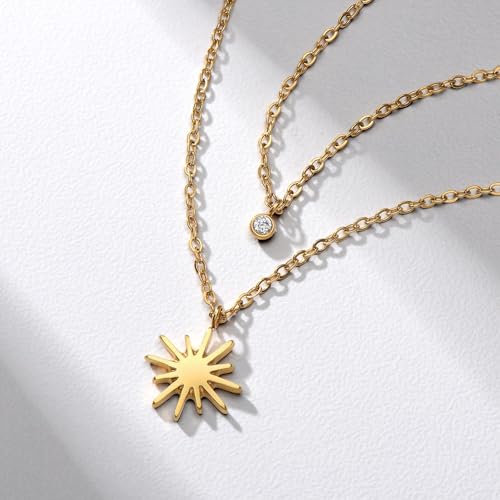 Dainty 316L Stainless Steel Layered Necklace for Women, Cubic Zirconia Layered Double Pendant Chain Necklace Jewelry Trendy - color: Original SS