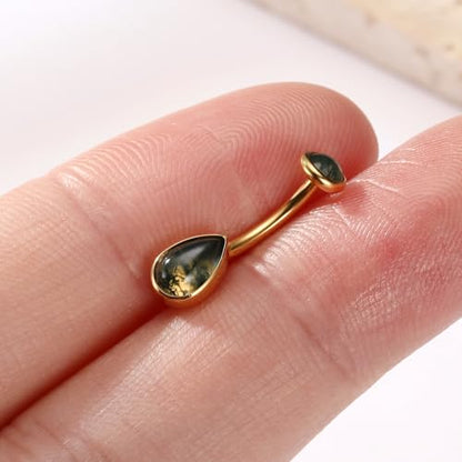 GAGABODY G23 Titanium Eyebrow Rings 16G Curved Barbell Lip Ring Rook Earrings for Women Belly Ring Vertical Labret Jewelry Tragus Helix Daith Earring Belly Piercing - color: 1Pc-Waterdrop Shape Gold+Moss Agate