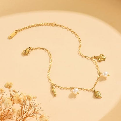 18K Gold Plated Waterproof Summer Beach Ankle Bracelets for Women | Starfish Sea Shell Pearls CZ Diamond Dangle Anklets - style: Conch Pearls-GD