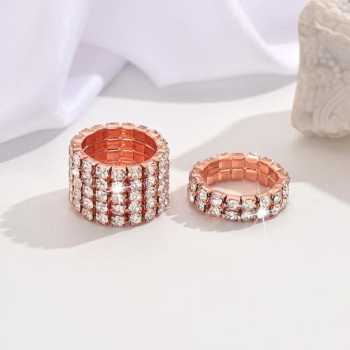 Fashion Silver Bling Rhinestone Crystal Stretch Rings Set for Women | Sparkly Rhinestone Elastic Finger Nail Ring Glitter Stretchy Stack Statement Knuckle Rings Cocktail Jewelry Accessories Pack - color: Rose Gold