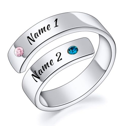 INBLUE Personalized 925 Sterling Silver Spiral Twist Ring for Women Customized Engraving Name/Date with Birthstones Adjustable Open Wrap Band Promise Ring Gift for Wedding Engagement - color: Text & Birthstones