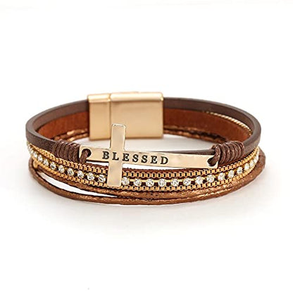 Bohemian Faux Leather Wrap Multi Layer Statement Bracelet Cross Christian Religious Leatherette Cuff Crystal Rhinestone Metallic Bead Inspirational Bracelets - color: I