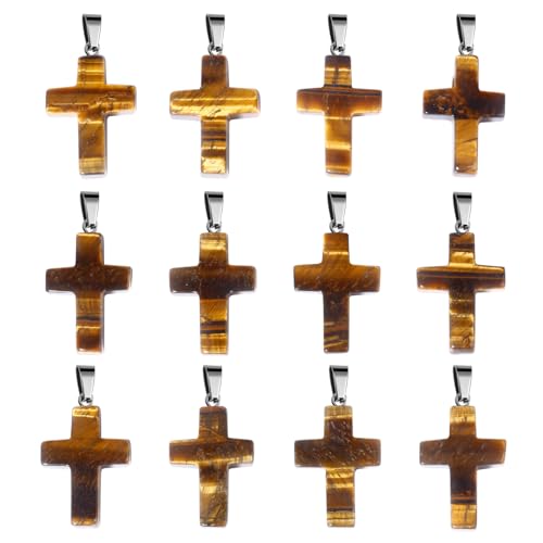 12PCS Natural Stone Cross Pendant Gemstone Charms Bulk for Jewelry Making | Healing Crystal Quartz Chakra Reiki Gemstone Pendants Charms Bulk for Necklace Craft - color: Tiger's Eye Cross