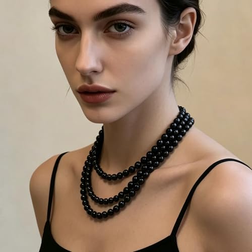 SukAmi 150cm Long Multi Strand Black Crystal Bead Necklace, 8mm Round Smooth Glossy Black Pearl Sweater Chain, Elegant Layered Endless Beaded Necklace Statement Fashion Jewelry for Women for Wedding Party Jewelry Gift