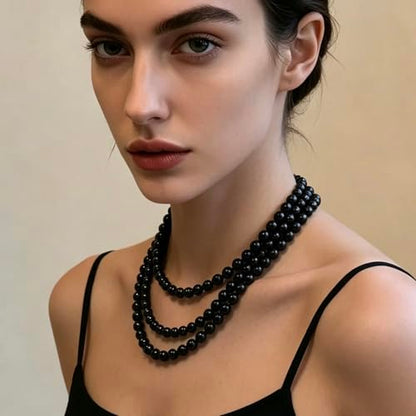 SukAmi 150cm Long Multi Strand Black Crystal Bead Necklace, 8mm Round Smooth Glossy Black Pearl Sweater Chain, Elegant Layered Endless Beaded Necklace Statement Fashion Jewelry for Women for Wedding Party Jewelry Gift