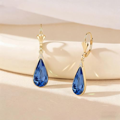 Teardrop Austrian Crystal Leverback Dangle Drop Earrings for Women | 14K Gold Plated,Classic Teardrop Elegance,Leverback for Easy Secure Wear,Gift Box Included, Brighten Up Daily and Party Looks - color: Bermuda Blue