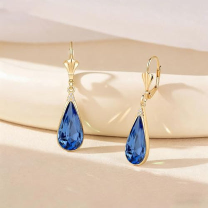 Teardrop Austrian Crystal Leverback Dangle Drop Earrings for Women | 14K Gold Plated,Classic Teardrop Elegance,Leverback for Easy Secure Wear,Gift Box Included, Brighten Up Daily and Party Looks - color: Bermuda Blue