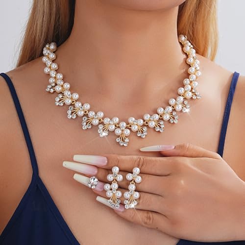 Gangel Pearl Necklace and Dangle Earrings Rhinestone Necklace Earring Set Faux Pearl Choker Necklace Wedding Bridal Jewelry Crystal Necklaces for Women