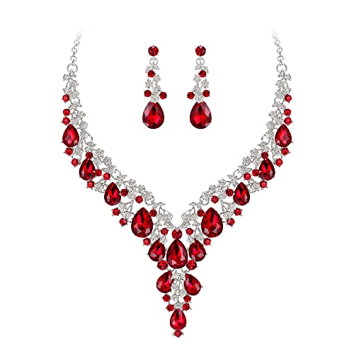 BriLove Women's Wedding Bridal Austrian Crystal Teardrop Flower Cluster Statement Necklace Dangle Earrings Jewelry Set for Party Prom - color: 2Pcs-Ruby Color Silver-Tone