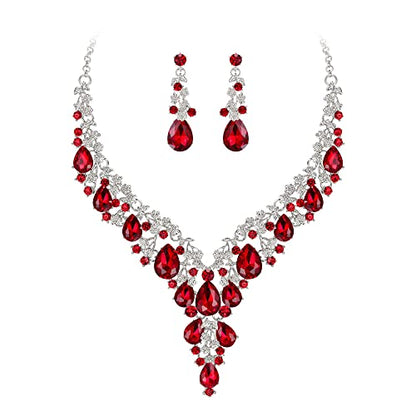 BriLove Women's Wedding Bridal Austrian Crystal Teardrop Flower Cluster Statement Necklace Dangle Earrings Jewelry Set for Party Prom - color: 2Pcs-Ruby Color Silver-Tone