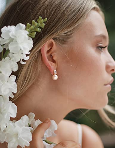 925 Sterling Silver Hoop Handpicked AAA+ Quality 7.5-8mm White Freshwater Cultured Pearl Dangle Drop Earrings Jewelry for Women - color: 4. Gold Plated CZ