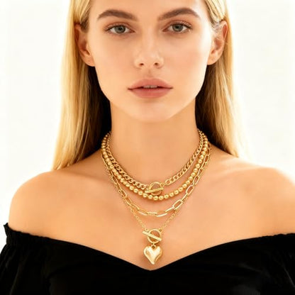 Chunky Layered Necklaces for Women, Stackable Paperclip Chain Necklace Set with Coin & Heart Pendants, Trendy Statement Jewelry for Everyday Wear and Gift Giving - color: Gold